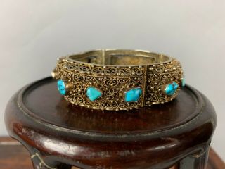 19th/20th C.  Chinese Silver Vermeil Filigree Turquoise Enamel Bracelet