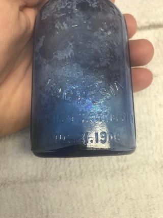Antique Blue Glass Phillips Milk Of Magnesia Bottle 4