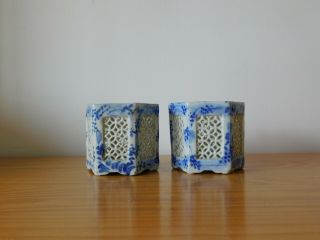 Pair Antique Chinese Blue & White Porcelain Reticulated Hexagon Brush Holder 4