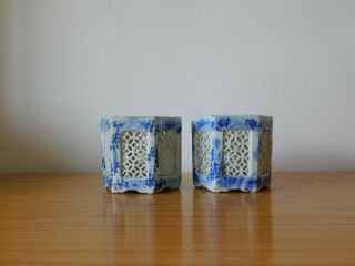Pair Antique Chinese Blue & White Porcelain Reticulated Hexagon Brush Holder 5