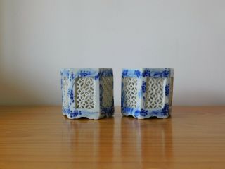 Pair Antique Chinese Blue & White Porcelain Reticulated Hexagon Brush Holder 6