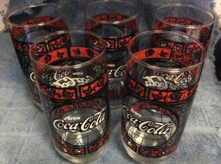 Vintage Coca Cola Glasses Stained Glass Red & Black 6 Inches Tall