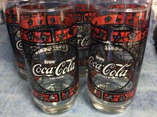 Vintage Coca Cola Glasses Stained Glass Red & Black 6 inches tall 2
