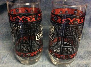Vintage Coca Cola Glasses Stained Glass Red & Black 6 inches tall 4