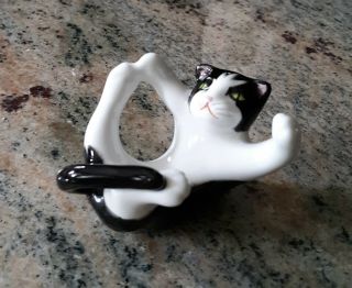Vintage Porcelain Figurine Of A Black & White Cat Playing