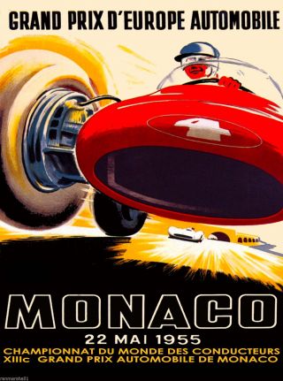 1955 Monaco Grand Prix Automobile Race Car Advertisement Vintage Poster