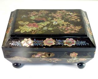 M039 Old Japanese Lacquer & Mother Of Pearl Inlaid Sewing Jewelry Box