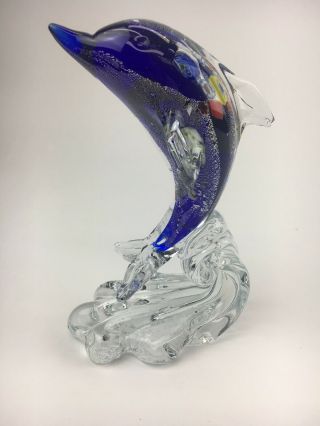 Murano Glass Dolphin On A Wave Millefiore Hand Blown Glass Art Blue And Clear