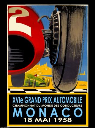 1958 Monaco Grand Prix Automobile Race Car Advertisement Vintage Poster