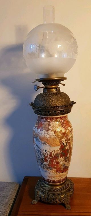 C1880 Meiji Period Japanese Satsuma And Gilt Bronze Mounted Duplex Oil Lamp