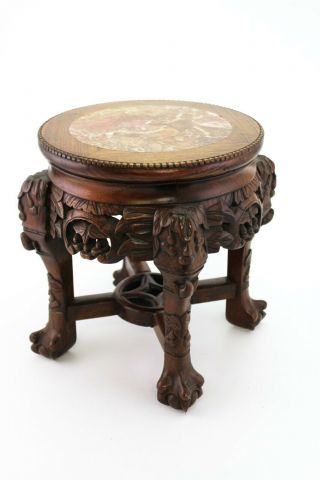 Chinese Carved Rosewood Occasion Table Round Marble Top Plant Stand E/0104