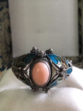 Vintage Antique Chinese Angel Skin Coral Enamel Sterling Silver Ring,  Signed