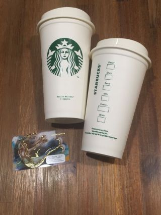(2) Starbucks Reusable Plastic Grande Coffee Tea Cup,  Limited Ed.  Mermaid Card