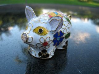Cloisonne Mini Baby Pig 2.  5 " Yellow Black Eyes Curly Tail Floral Design