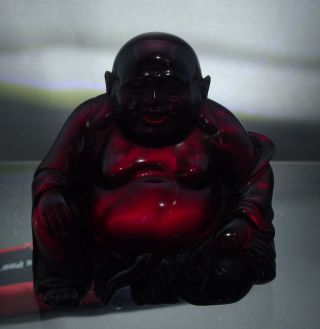 Old Happy Smiling Seated Buddha Statue Hand Carved Cherry Amber Bakelite 412g