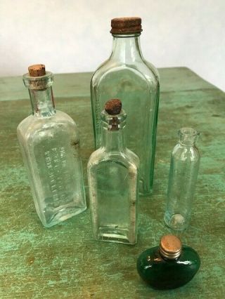 Antique Bottles 5 Clear / Blue / Green Medicine Oil - A Late 19th C.  Set