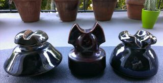 Three Shiny Glazed Porcelain Insulators.  Flying Saucer,  Roman Helmet And Thomas