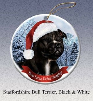 Define Naughty Ornament - Black & White Staffordshire Bull Terrier