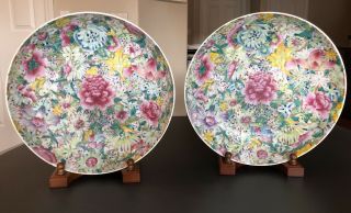 Pair Antique Chinese Famille Rose Hundreds Flowers Plates Chargers