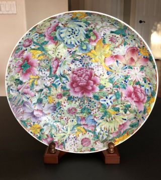 Pair Antique Chinese Famille Rose Hundreds Flowers Plates Chargers 3