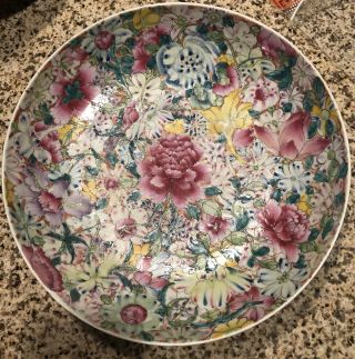 Pair Antique Chinese Famille Rose Hundreds Flowers Plates Chargers 5