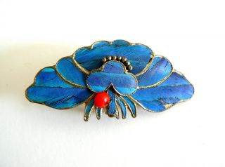 Qing Dynasty Kingfisher Feather Hair Pin Antique Vintage Blue Tian - Tsui 點翠