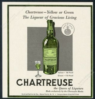 1951 Chartreuse Liqueur Green Bottle Glass Art Vintage Print Ad