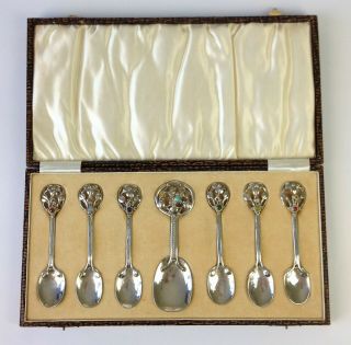 Antique Arts Crafts Solid Silver Spoon Set Nouveau Cabochon Ramsden Carr Liberty