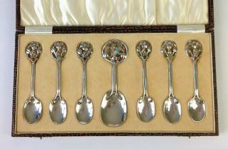Antique Arts Crafts Solid Silver Spoon Set Nouveau Cabochon Ramsden Carr Liberty 2