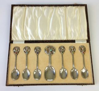 Antique Arts Crafts Solid Silver Spoon Set Nouveau Cabochon Ramsden Carr Liberty 4