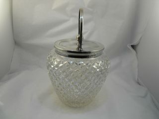 Biscuit barrel with Solid Silver top,  handle,  rim,  B ' Ham 1908,  J Sherwood & Sons 2
