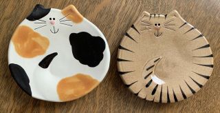 Sweet Fat Cat Trinket Dish Set 1 Calico Cat & 1 Tan Tabby Cat Soap Dish Jewelry