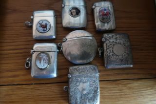 7 Antique Solid Silver & Enamel Vesta Cases