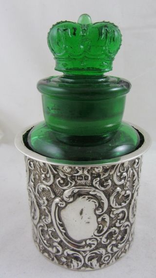 Antique Crown Perfume Company London Embossed Green Glass Bottle Silver Cased