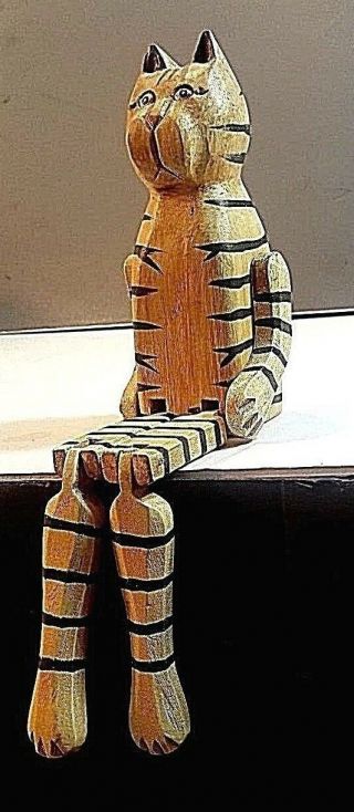 Shelf Sitting Hand Painted Whimsical Wood Striped Cat Figurine
