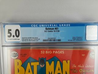 Batman Comic 1950 Oct - Nov No.  61 CGC 5.  0 OFF - WHITE TO WHITE PAGES (Key Issue) 3