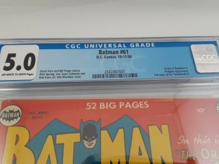 Batman Comic 1950 Oct - Nov No.  61 CGC 5.  0 OFF - WHITE TO WHITE PAGES (Key Issue) 5