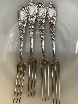 Set Of Four (4) Durgin Strawberry Floral Berry Forks Sterling Silver Figural