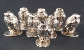 8 Antique Flli Coppini German 800 Silver Miniature Figural Bird Salt Shakers