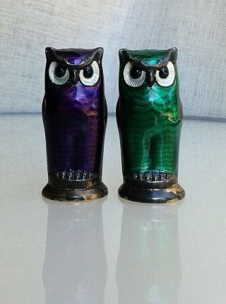 Vintage David Andersen Norway Sterling Silver Enamel Owl Salt And Pepper Shakers