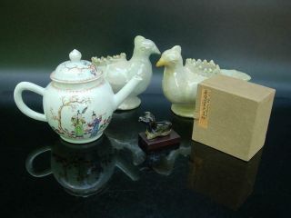 Group Of Antique Chinese Porcelain Objects,  Teapot,  Birds And A Figure Of Dog