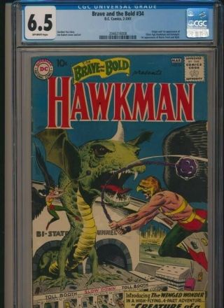 Dc Brave And The Bold 34 1961 Cgc 6.  5 Owp 1st Sa Hawkman Hawkgirl Appearance