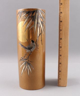 Antique Signed Japanese Finch Bird Gold & Silver Mixed Metal Bronze Vase,  Nr