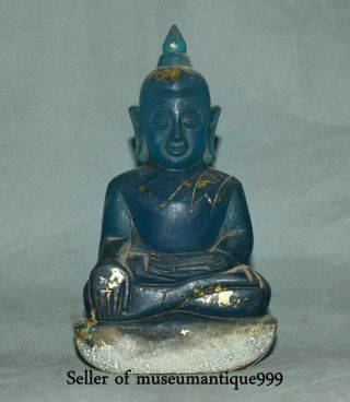 16cm Ancient Tibet Old Rare Blue Crystal Shakyamuni Amitabha Buddha Statue