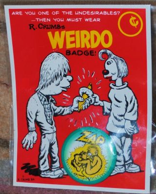 R.  Crumb Weirdo Badge Backing Card " Zap " Pin Factory