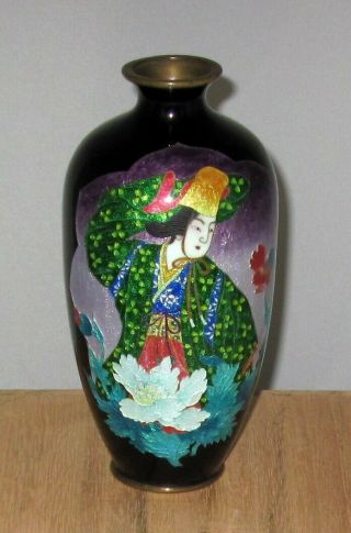 Large Antique Japanese Partial Ginbari Cloisonne Enamel Vase W/ Geisha & Orchids
