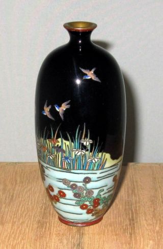 Fine Meiji Period Japanese Cloisonne Enamel Vase With Three Birds,  Water Scene