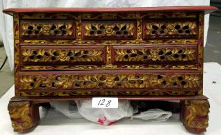 Antique,  Small,  Red And Gold Peranakan/straits Chinese Chest Of Drawers