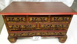 Antique,  small,  red and gold Peranakan/Straits Chinese chest of drawers 4