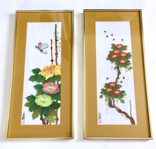 2 Gary Poon Tai To Chinese Watercolor Floral Silk Paintings Flowers 1976 Signed